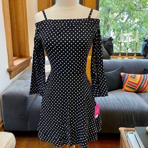 Peak 90s Gal Vintage Deadstock Off Shoulder Polka Dot Mini - Picture 4 of 14